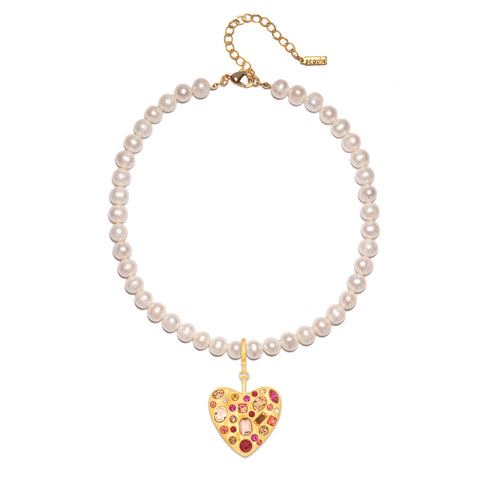Mosaic Gem Heart Pearl Necklace