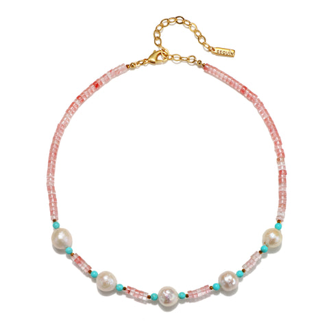 Cherry Quartz Heishi & Baroque Pearl Necklace